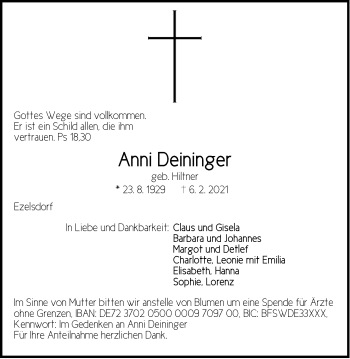Traueranzeige von Anni Deininger von Der Bote