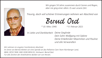Traueranzeige von Bernd Oed von Pegnitz-Zeitung