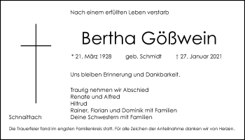 Traueranzeige von Bertha Gößwein von Pegnitz-Zeitung
