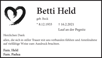 Traueranzeige von Betti Held von Pegnitz-Zeitung