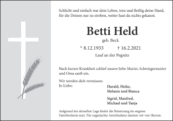 Traueranzeige von Betti Held von Pegnitz-Zeitung