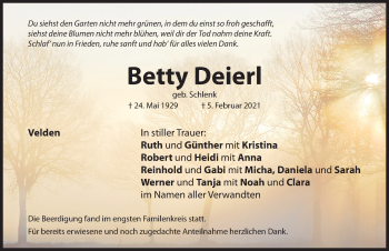 Traueranzeige von Betty Deierl von Hersbrucker Zeitung