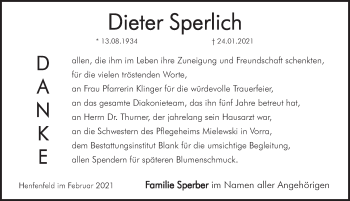 Traueranzeige von Dieter Sperlich von Hersbrucker Zeitung
