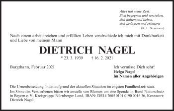 Traueranzeige von Dietrich Nagel von Der Bote