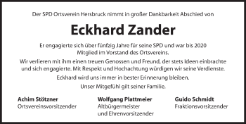 Traueranzeige von Eckhard Zander von Hersbrucker Zeitung