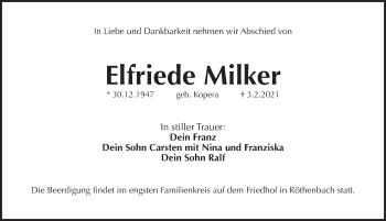 Traueranzeige von Elfriede Milker von Pegnitz-Zeitung