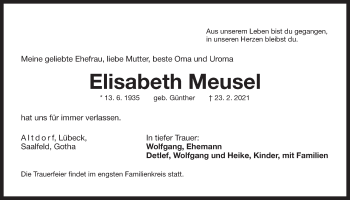 Traueranzeige von Elisabeth Meusel von Der Bote