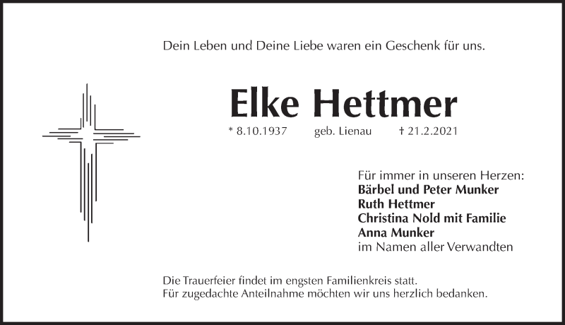  Traueranzeige für Elke Hettmer vom 27.02.2021 aus Pegnitz-Zeitung