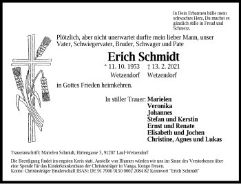 Traueranzeige von Erich Schmidt von Pegnitz-Zeitung