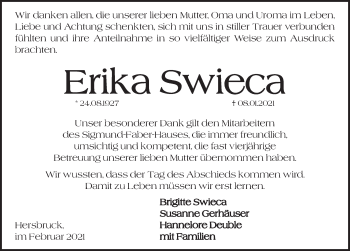 Traueranzeige von Erika Swieca von Hersbrucker Zeitung