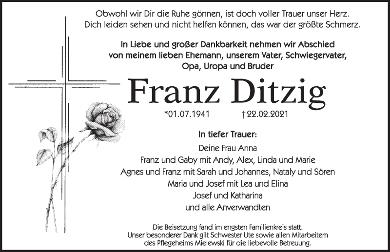  Traueranzeige für Franz Ditzig vom 27.02.2021 aus Hersbrucker Zeitung