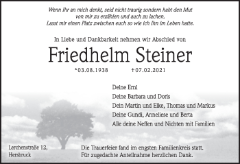 Traueranzeige von Friedhelm Steiner von Hersbrucker Zeitung