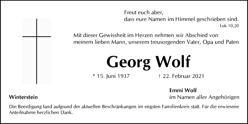  Traueranzeige für Georg Wolf vom 27.02.2021 aus Pegnitz-Zeitung