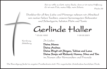 Traueranzeige von Gerlinde Haller von Hersbrucker Zeitung