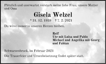 Traueranzeige von Gisela Welzel von Der Bote