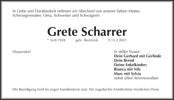 Traueranzeige von Grete Scharrer von Pegnitz-Zeitung