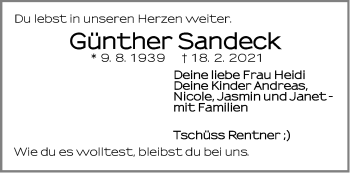 Traueranzeige von Günther Sandeck von Der Bote