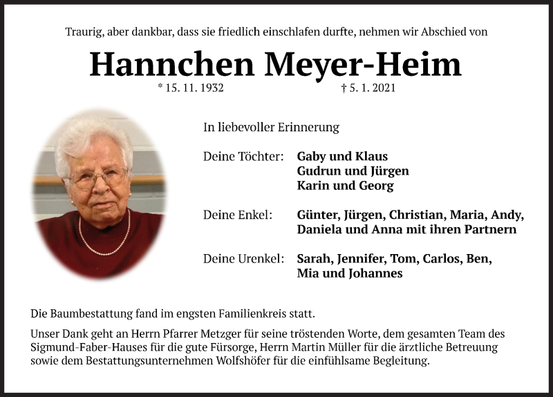 Traueranzeige für Hannchen Meyer-Heim vom 20.02.2021 aus Hersbrucker Zeitung