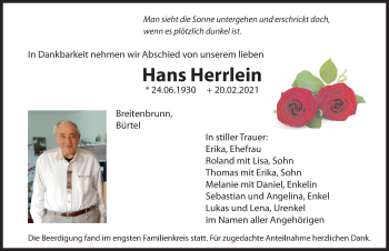Traueranzeige von Hans Herrlein von Hersbrucker Zeitung