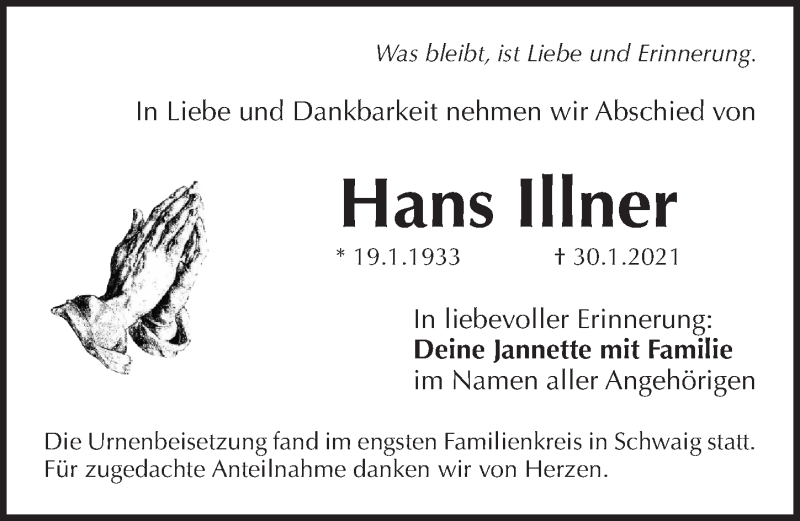  Traueranzeige für Hans Illner vom 13.02.2021 aus Pegnitz-Zeitung