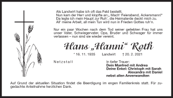 Traueranzeige von Hans Roth von Der Bote