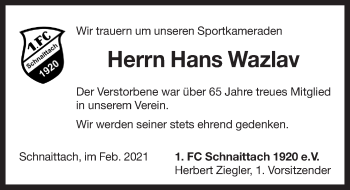 Traueranzeige von Hans Wazlav von Pegnitz-Zeitung
