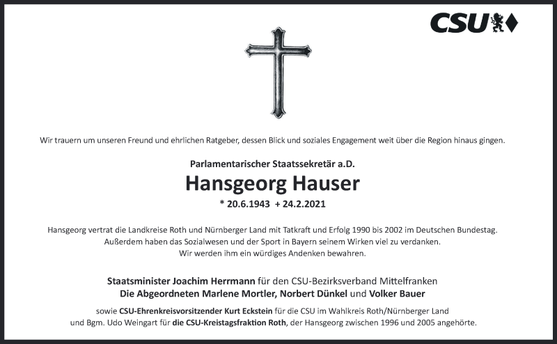  Traueranzeige für Hansgeorg Hauser vom 27.02.2021 aus Hersbrucker Zeitung