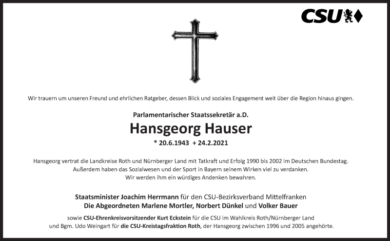  Traueranzeige für Hansgeorg Hauser vom 27.02.2021 aus Pegnitz-Zeitung