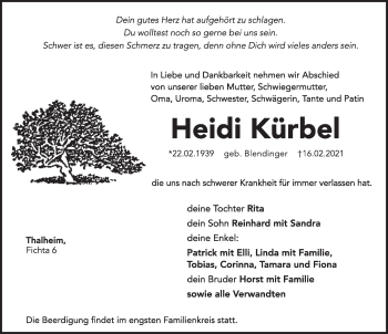 Traueranzeige von Heidi Kürbel von Hersbrucker Zeitung