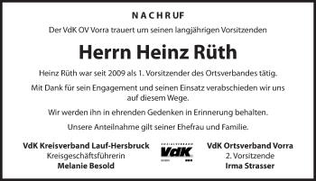 Traueranzeige von Heinz Rüth von Hersbrucker Zeitung