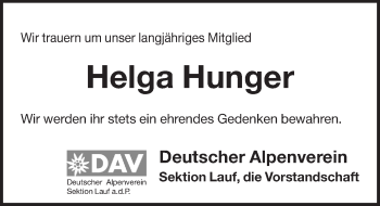 Traueranzeige von Helga Hunger von Pegnitz-Zeitung