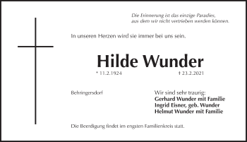 Traueranzeige von Hilde Wunder von Pegnitz-Zeitung