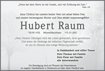 Traueranzeige von Hubert Raum von Hersbrucker Zeitung