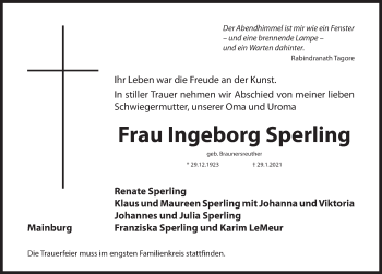 Traueranzeige von Ingeborg Sperling von Hersbrucker Zeitung