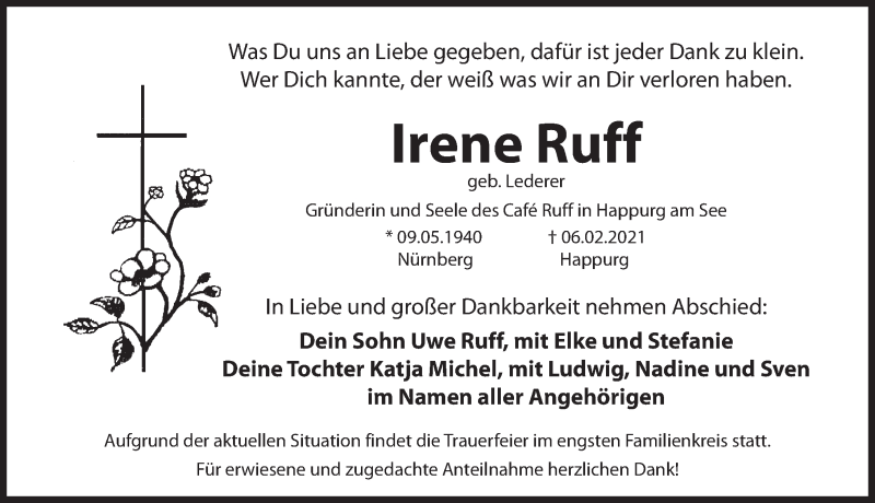  Traueranzeige für Irene Ruff vom 13.02.2021 aus Hersbrucker Zeitung