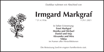 Traueranzeige von Irmgard Markgraf von Pegnitz-Zeitung