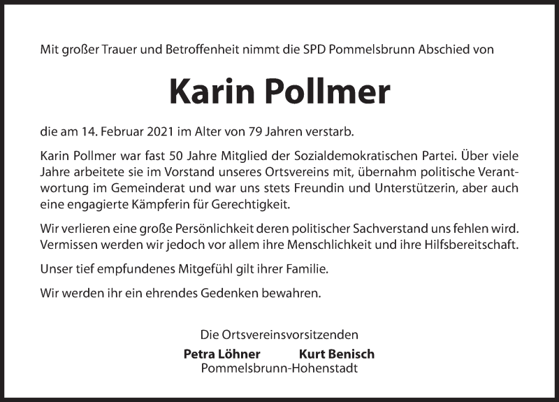  Traueranzeige für Karin Pollmer vom 23.02.2021 aus Hersbrucker Zeitung