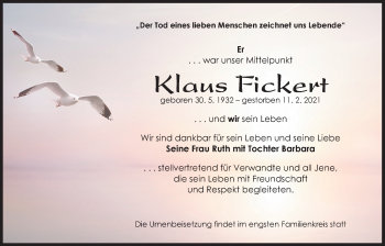 Traueranzeige von Klaus Fickert von Der Bote