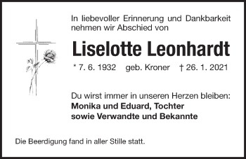 Traueranzeige von Liselotte Leonhardt von Der Bote
