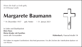 Traueranzeige von Margarete Baumann von Pegnitz-Zeitung