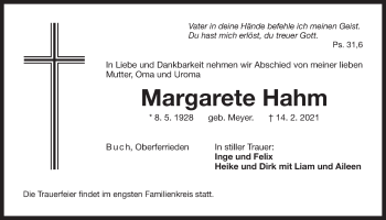 Traueranzeige von Margarete Hahm von Der Bote