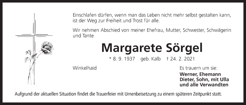  Traueranzeige für Margarete Sörgel vom 27.02.2021 aus Der Bote