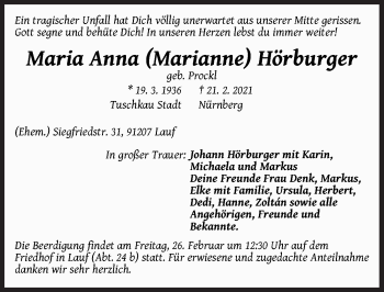Traueranzeige von Maria Anna Hörburger von Pegnitz-Zeitung