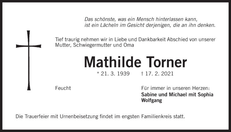  Traueranzeige für Mathilde Torner vom 27.02.2021 aus Der Bote