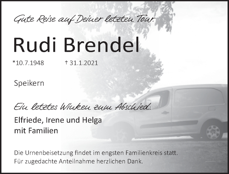  Traueranzeige für Rudi Brendel vom 06.02.2021 aus Pegnitz-Zeitung