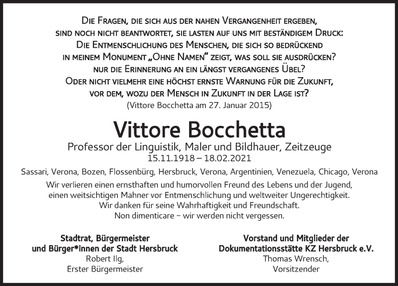  Traueranzeige für Vittore Bocchetta vom 27.02.2021 aus Hersbrucker Zeitung