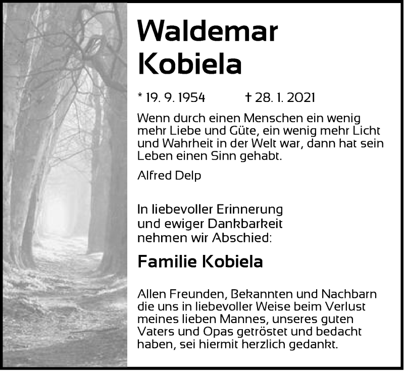  Traueranzeige für Waldemar Kobiela vom 09.02.2021 aus Der Bote