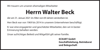 Traueranzeige von Walter Beck von Hersbrucker Zeitung