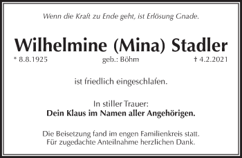 Traueranzeige von Wilhelmine Stadler von Pegnitz-Zeitung