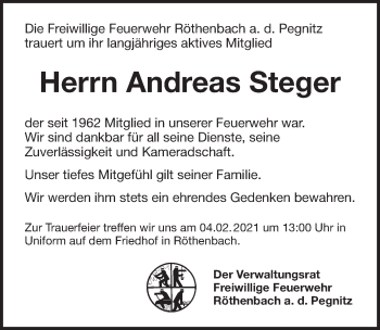 Traueranzeige von Andreas Steger von Pegnitz-Zeitung